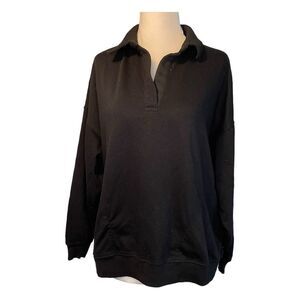 If It Were Me Johnny Collar Sweatshirt Black French Terry Knit Long Sleeve S